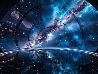 Aufkleber - abstract representation of a futuristic space station or a similar structure floating in the vastness of space. The design includes elements of outer space, such as stars and the Milky Way, suggesting