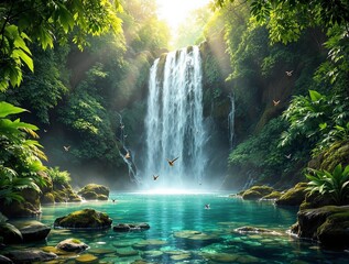 Poster - serene and picturesque scene of a waterfall cascading into a tranquil pool surrounded by lush greenery and rocks.
