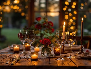 Poster -  rustic table setting with a wooden surface, adorned with a vase of red roses, candle holders with lit candles, and wine glasses. The background features blurred lights, creating a warm and cozy atmos