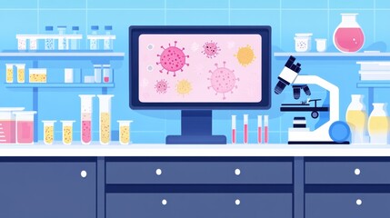 Aufkleber - Laboratory setting featuring microscopes, test tubes, and digital displays of bacteria visuals. Generative AI