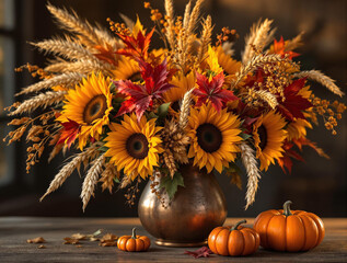 Aufkleber - beautiful autumnal arrangement featuring sunflowers, wheat ears, and other fall foliage, displayed in a vase.