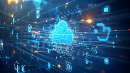 Poster - Abstract Digital Cloud Computing Network Technology Data Flow Modern Futuristic Blue Cybersecurity Innovation Digital Transformation Global Network   