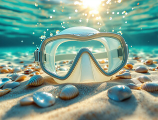 Poster - diving mask lying on the sandy bottom of the ocean, surrounded by seashells and with the sun shining through the water.
