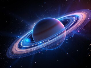 Poster -  the planet Saturn, with its iconic ring system, set against a starry background. The planet is rendered in a stylized, abstract manner with glowing effects, giving it a futuristic appearance.
