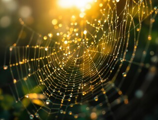Fototapete -  spider web glistening with dewdrops, backlit by a vibrant, warm sun, creating a beautiful bokeh effect in the background.