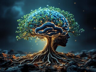 Aufkleber - surreal scene where a human head with roots emerging from it, resembling a tree, is set against a dark, rocky background. The roots and branches are intertwined, creating a sense of connection between
