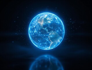 Poster - glowing, digital representation of the Earth against a dark background. The Earth is illuminated in shades of blue and purple, with a reflection visible on the surface below.