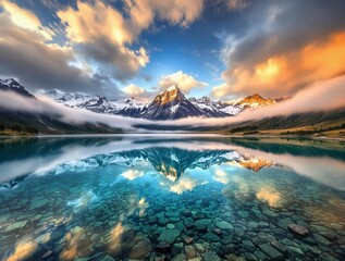 Poster -  stunning mountain landscape with a reflective lake in the foreground, capturing a serene and picturesque moment. The sky is filled with vibrant colors, suggesting either sunrise or sunset, enhancing 