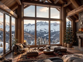 Poster - cozy living room with a large window overlooking a snowy landscape. The room features wooden walls and a fireplace, creating a warm and inviting atmosphere.