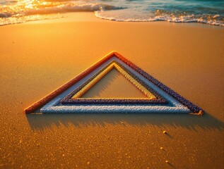 Poster - triangle-shaped object on the sandy beach with the sun setting in the background, casting a warm glow over the scene. The colors of the triangle are blue, orange, and pink, and the beach has gentle wa