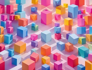 Poster - abstract 3D representation featuring a variety of brightly colored cubes in different shapes and sizes scattered throughout the space, creating a visually engaging and dynamic composition.