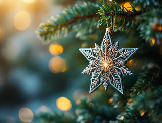 Aufkleber - close-up of a decorative star ornament hanging on a Christmas tree branch, with a warm, festive glow in the background.