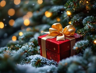 Poster -  beautifully wrapped gift box adorned with a golden bow, nestled among the branches of a Christmas tree. The tree's foliage is lightly dusted with snow, creating a festive atmosphere.