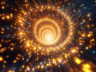 Aufkleber - swirling, spiral pattern filled with bright, sparkling lights and musical notes, creating a dynamic and vibrant visual effect.
