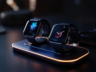 Aufkleber - two smartwatches placed on a charging stand, with a glowing blue light around the stand.