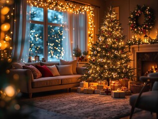 Poster - cozy and festive living room with a decorated Christmas tree, illuminated with lights, and a couch adorned with cushions. The room features a warm and inviting ambiance, enhanced by the presence of a 