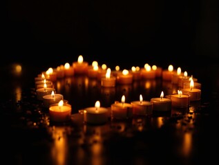 Poster - heart-shaped arrangement of lit candles on a dark background. The candles are casting a warm, orange glow, creating a serene and intimate atmosphere. valentines day