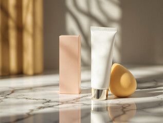 Poster -  white tube of lotion and a golden sponge on a marble countertop illuminated by sunlight.