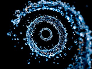 Poster - swirling pattern of water droplets against a black background, creating a mesmerizing effect. The droplets are positioned in a circular pattern, with the largest droplet in the center and smaller ones