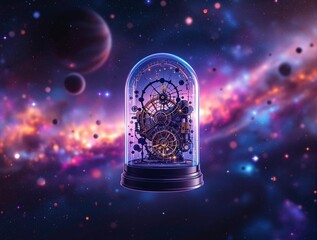 Poster - clock with a glass dome, surrounded by a vibrant, cosmic background with stars and galaxies. The clock is intricately designed with a dark base and a glowing clock face.