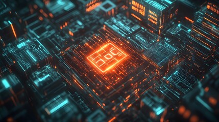 Poster - Abstract Digital Circuit Board Technology Background Orange Teal Glowing Lines Futuristic Network Data Processing System High Tech Innovation Modern  