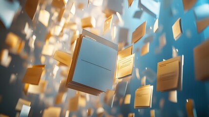 Poster - conceptual visualization of document management system with floating folders and files representing 