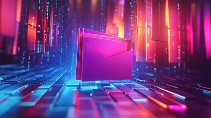 Poster - digital management system with colorful folders in futuristic data environment amidst glowing lights