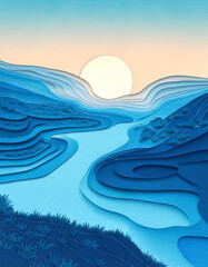 Wall Mural - Landscape with mountains and river in paper cut art, version 5
