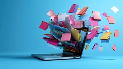 Poster - dynamic digital marketing transformation with colorful files exploding from laptop on aqua backgroun