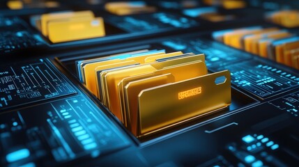 Poster - yellow folder containing digital files on futuristic data storage background with technology element