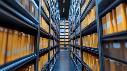 Poster - Organized Storage Room with Bright Yellow Boxes on Metal Shelves in a Modern Business Environment Highlighting Efficient File Management Techniques
