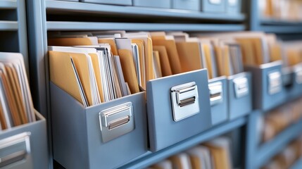 Poster - organized files in modern office storage system with paper documents in neat configuration for busin