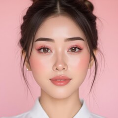 Wall Mural - a close up of a woman with a pink makeup and a white shirt