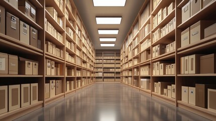 Poster - Organized Rows of Cardboard Storage Boxes in a Modern Business Archive Space with Ambient Lighting Ideal for Technology and Internet Solutions