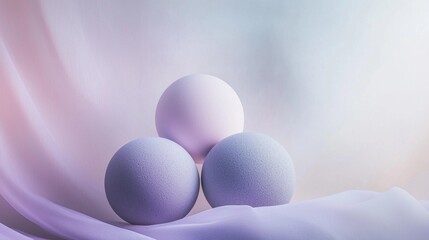Poster - Three smooth spheres in varying shades of pastel purple rest elegantly on a soft background, exuding a calming vibe while softly reflecting light, inviting moments of contemplation and peace