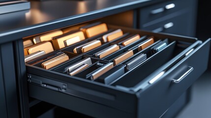 Poster - organized office drawer displaying various mobile devices for business and technology enthusiasts in