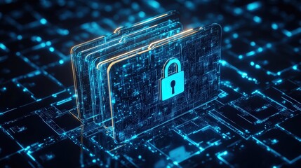 Poster - digital security concept with lock symbol on abstract folders in technology and business context wit