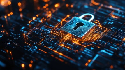 Poster - modern technology concept: digital lock on circuit board background representing cybersecurity and o