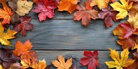 Poster - Colorful autumn leaves in shades of red, orange, and yellow framing a rustic wooden surface creating a perfect space for text in the center.