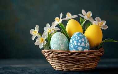 Wall Mural - Three colorful eggs rest in a woven basket, surrounded by vibrant flowers, capturing the essence of Easter celebration and springtime renewal.