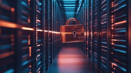 Poster - secure data protection concept in modern technology featuring a lock against server background for i