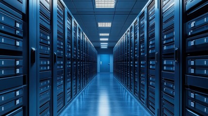 Poster - high-tech data center corridor with server racks and blue lighting, representing business and techno