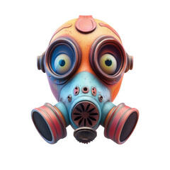 Poster - A 3D rendered image of a stylized rusty gas mask with large expressive eyes, designed as a whimsical character.