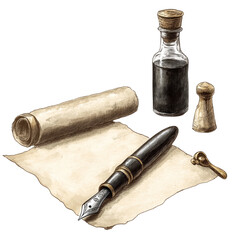 Aufkleber - An illustration of an antique fountain pen resting on aged parchment near an inkwell and seal, ready for writing.
