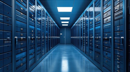 Poster - Modern Data Center Interior with Server Racks and Blue Lighting for Business and Technology Applications in the Internet Realm