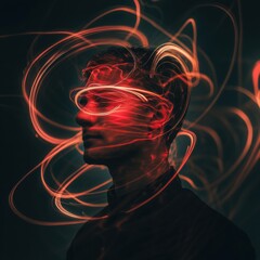Poster - Person surrounded by swirling lines and abstract shapes creating an artistic and dynamic visual experience. Generative AI