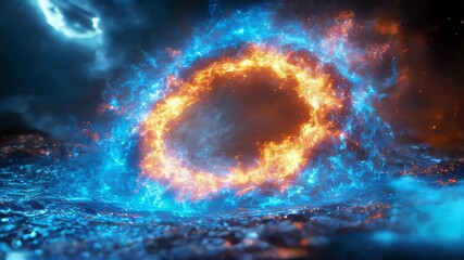 Poster - Fiery blue and orange energy ring in a dynamic abstract composition, glowing against a dark background, symbolizing power and creativity