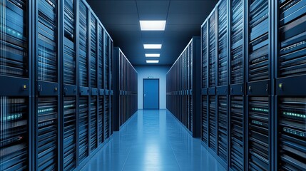 Poster - modern data center with rows of servers and blue lighting for technology and business applications i
