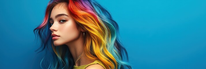 Young woman with vibrant multicolor rainbow hair poses against a bright blue background showcasing her unique hairstyle and playful personality