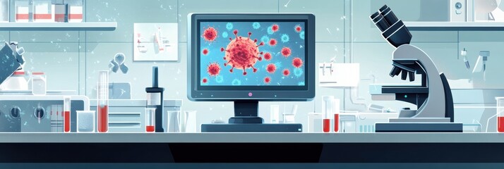 Aufkleber - Modern laboratory equipped with advanced microscopes and bacteria visuals at the research center during daylight hours. Generative AI